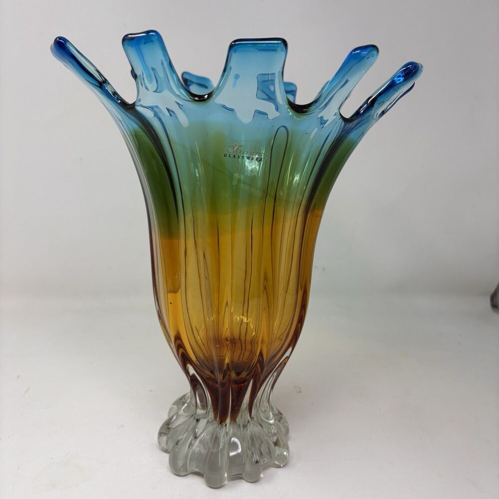Vintage Murano Glass Splash Vase Tricolor Blue Green Amber Fluted Ribbed Base